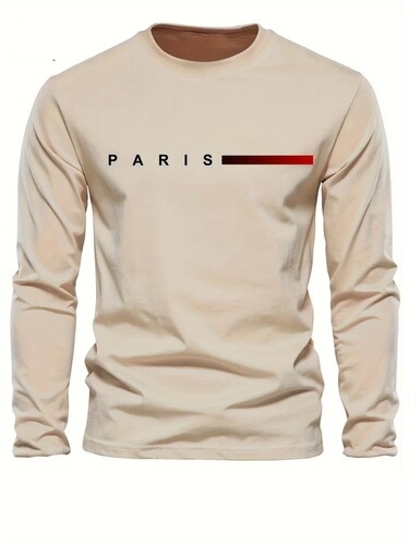 Men's Spring and Autumn Paris Alphabet Print Loose Casual Crew Neck Long Sleeve T-Shirt