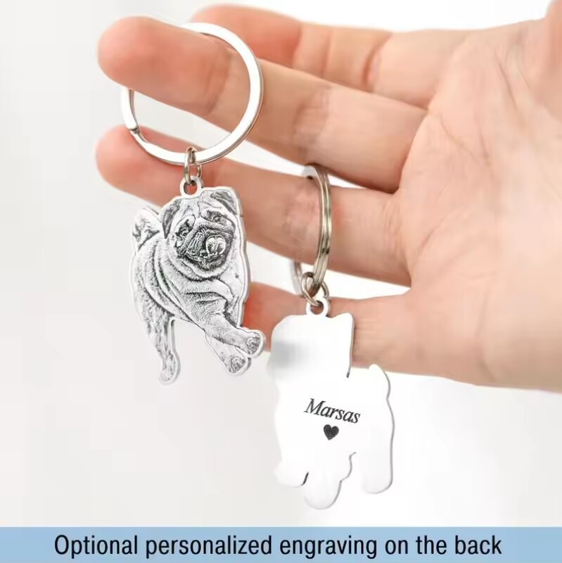 Personalized Custom Pet Portrait Photo Keychain Engraved Name Keyring Cat Lover Dog Photo Keychain