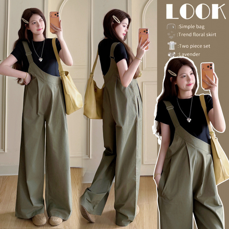 Real Shot of Pregnant Women in Summer Army Green Workwear High-Waisted Slimming Loose Wide-Leg Pants Overalls with Inner Layer 2-Piece Set Real Shot of Pregnant Women in Summer Army Green Workwear High-Waisted Slimming Loose Wide-Leg Pants Overalls with Inner Layer 2-Piece Set