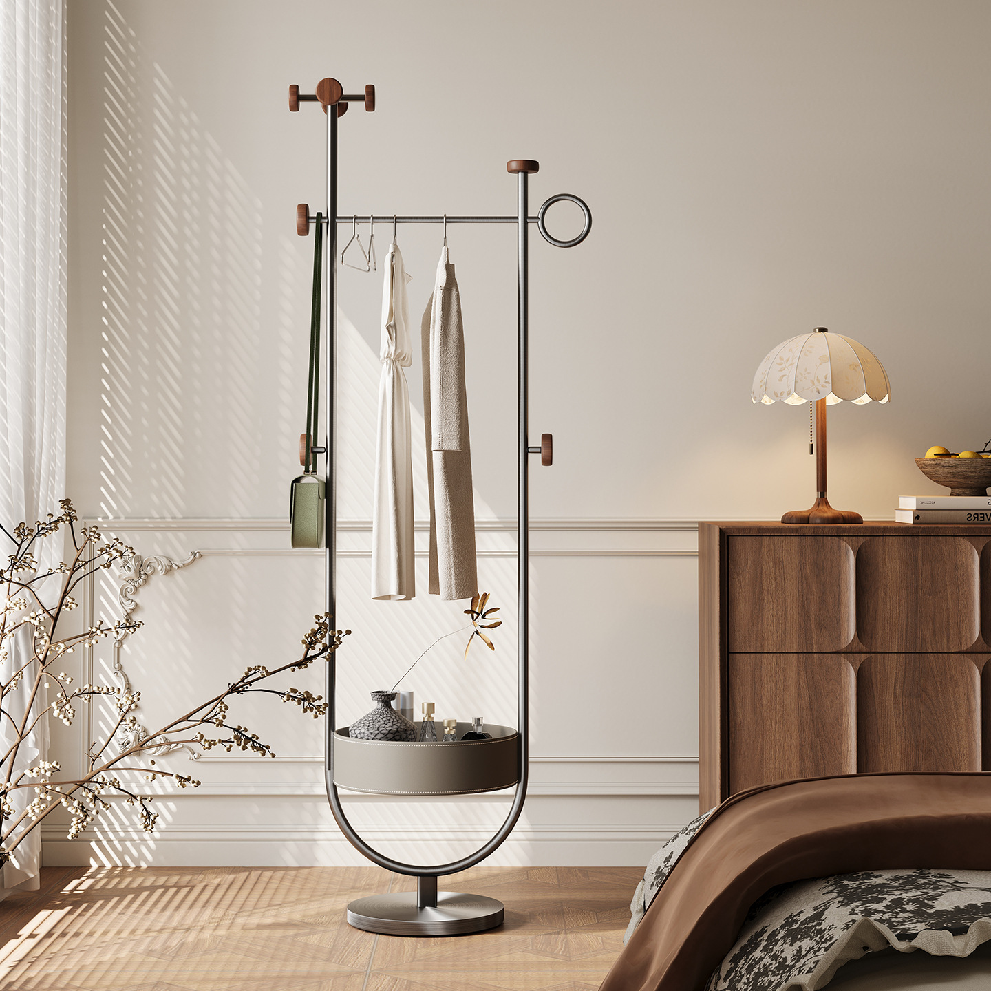 Italian Simple Modern Bedside Table Integrated Coat Rack Bedroom Bedside Floor Storage Solid Wood Stainless Steel Clothes Hanger