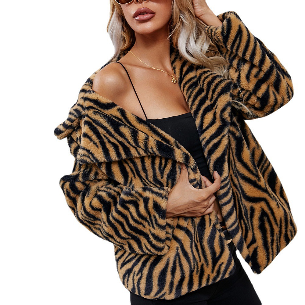 Women's Clothing leopard zebra print lapel plush loose slim leather jacket for women_voghion.com