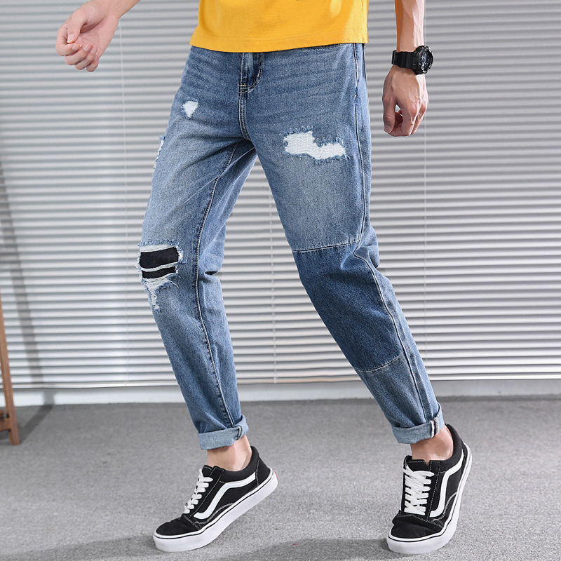 Demeno Spring and Summer Men's Denim Pants Retro Patchwork Ripped Men's Jeans Long Pants Men's Wholesale