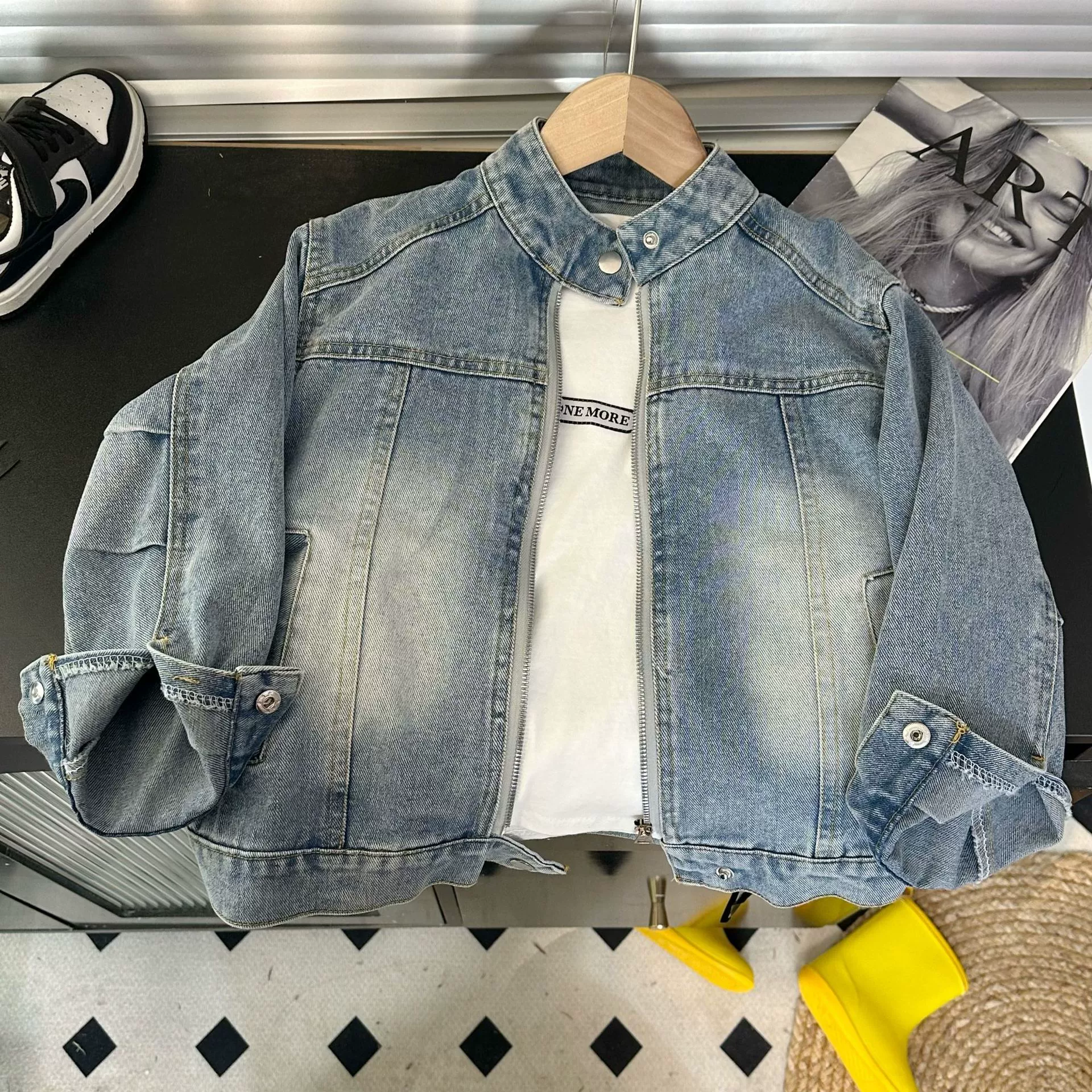 Детский портовый тренд красивый вымытый ретро джинсовый пиджак для мальчиков и девочек повседневный короткий воротник