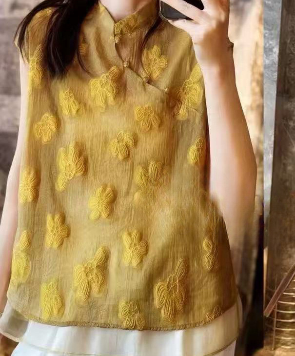 New Chinese Style Retro Jacquard Patchwork Sleeveless Vest Versatile Top for Women