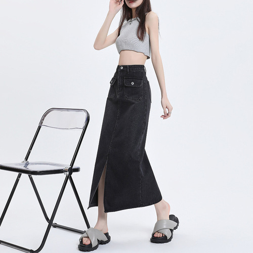 Pure Desire Wind-Opening Frayed Denim Half-Body Skirt for Women - Spring and Summer High-Waist A-Line Booty Skirt with Unique Design Sensibility