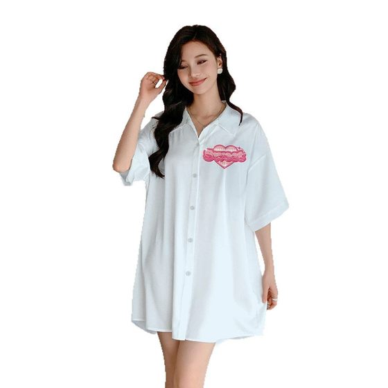 Yaoting New Pajamas Women's Satin Chiffon Cardigan Short Sleeve Nightdress Ice Silk Shirt Dress Home Clothes SQ3525