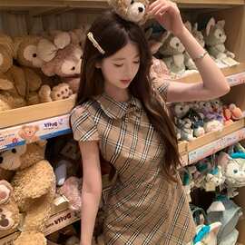 中古少女裙子收腰娃娃领格纹裙千金感甜美连衣裙显瘦款超好看女装