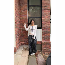 美式复古撞色抽绳格纹裤直筒休闲裤女宽松垂感阔腿裤百搭长裤