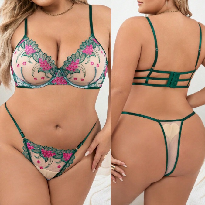 Cross-border foreign trade plus size sexy temptation lace mesh perspective three-point suit 8600