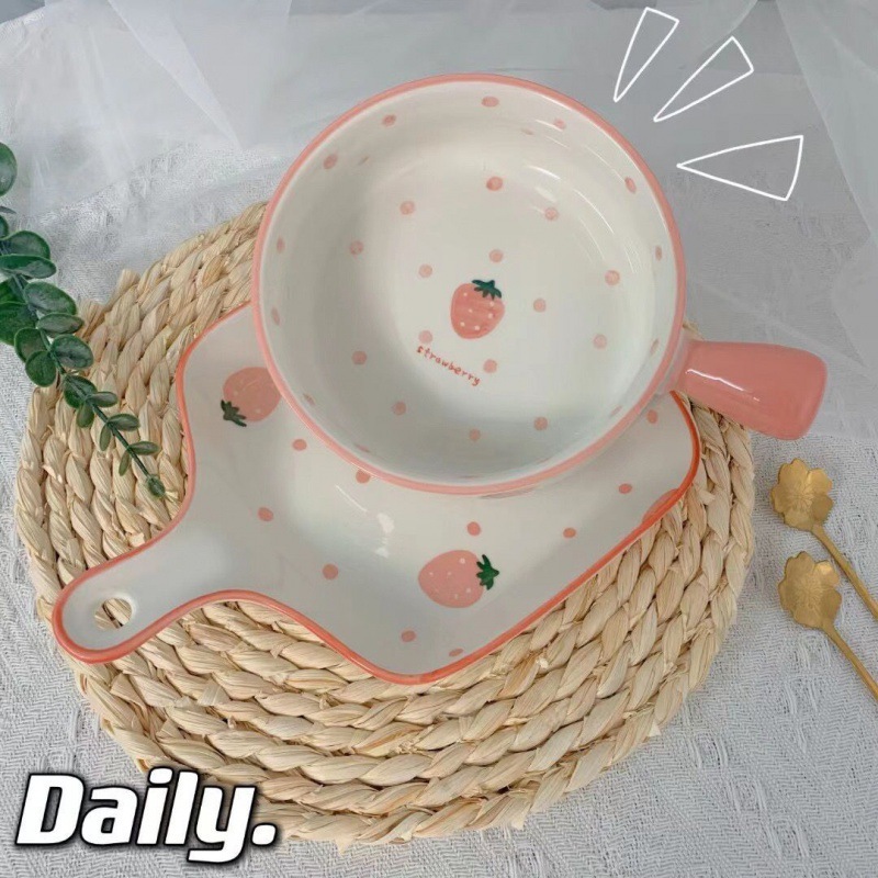 盘碗用微波炉北欧风盘手柄草莓手绘手柄陶瓷餐具烤盘蒸蛋碗无|undefined