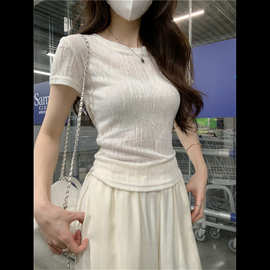 设计感后背镂空绑带短袖T恤女夏季辣妹收腰紧身显瘦微透短款上衣