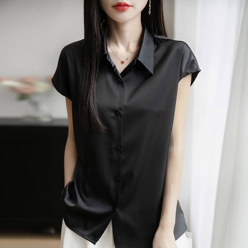 2025 Spring and Summer New Silky Satin Polo Short-Sleeved Shirt Cardigan Pure Color Loose Versatile Elegant Top for Women
