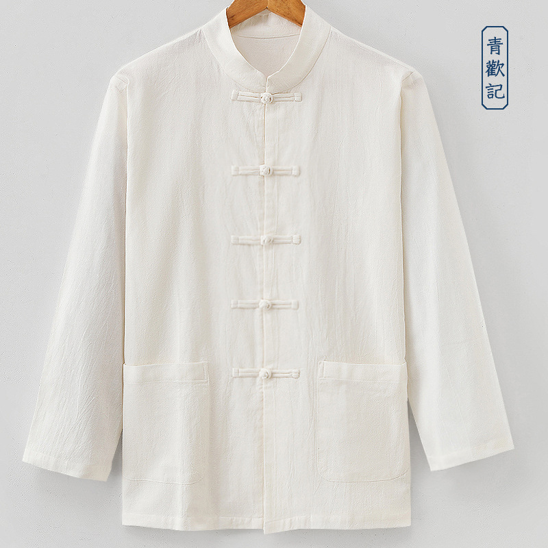 Original Men's Four-Season Long-Sleeved Linen Casual Shirt Chinese Style Button-Up Stand-Up Collar Retro Loose Shirt Men's Tang Suit