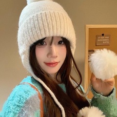 韩系白色针织毛线帽子女秋冬季毛球保暖显脸小护耳包头帽冬大头围