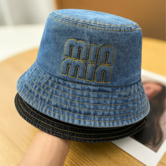 新型水洗いデニム漁師帽女性春秋刺繍アルファベット紫外線防止ファッション