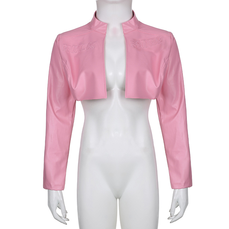 product - wholesale Locomotive Pink Letters Embroidered Faux Leather Jacket Cool Handsome Ultra Short Cuff Zipper Jacket - 6