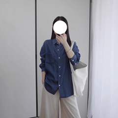 A159111柔顺超薄100%天丝前短后长弧形下摆polo领长袖牛仔衬衫女