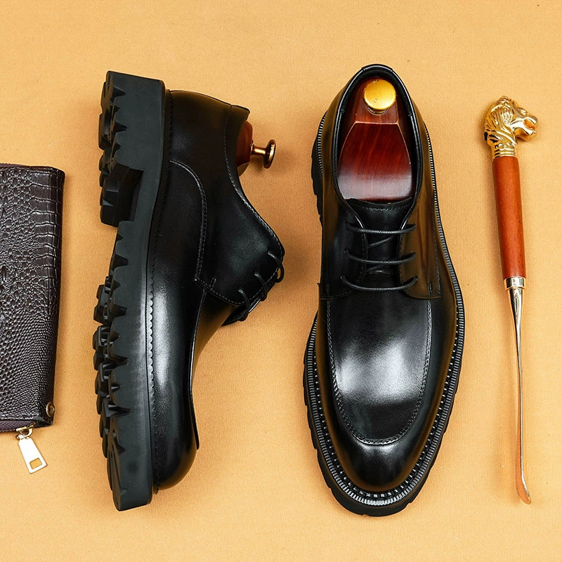 [Эксклюзив для VIP-клиентов] Мужские кожаные туфли в стиле Business Casual, натуральная кожа с подкладкой из воловьей кожи, заостренный носок, британский стиль, толстая подошва, мужские туфли-дерби