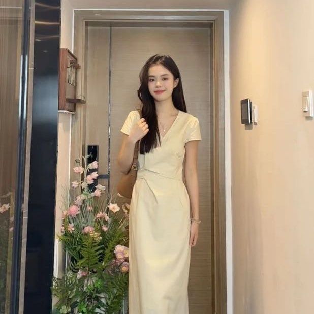 韩系简约设计感交叉绑带连衣裙女夏季新款收腰显长款茶歇裙子|undefined
