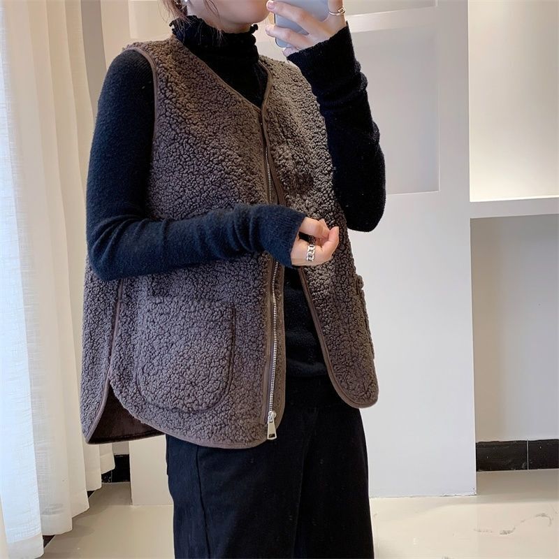 新款皮毛一体拉链羊羔毛绒马甲女秋冬款百搭宽松马夹背心坎肩外套|undefined