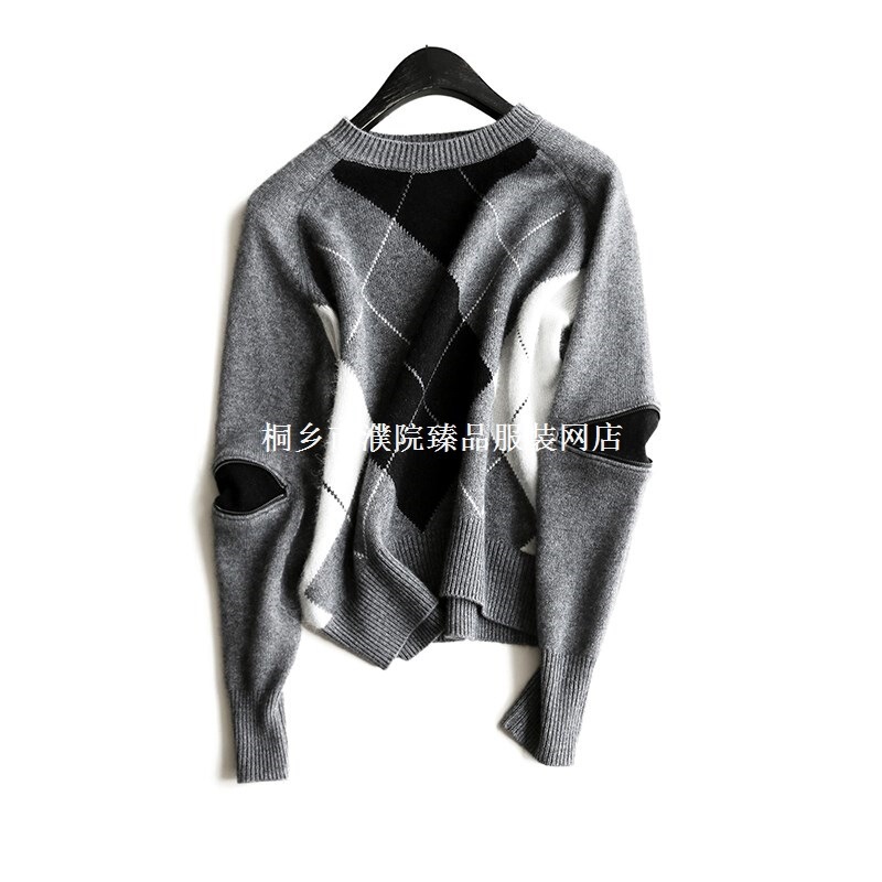 Handsome geometric diamond Plaid contrast color elbow zipper color matching design loose wool knitted sweater winter clothing
