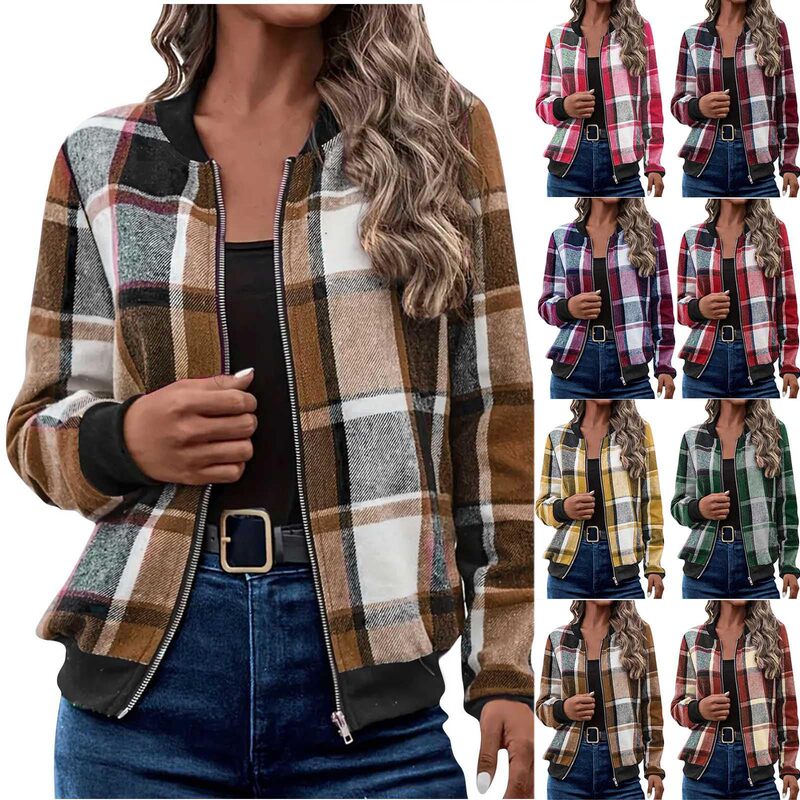 2025 Amazon New Cross-Border European and American Style Commuter Women's Plaid Zipper Baseball Jacket Autumn and Winter Coat