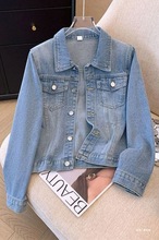 春秋季2025年新款韩版修身百搭复古修身牛仔外套女长袖浅蓝色上衣