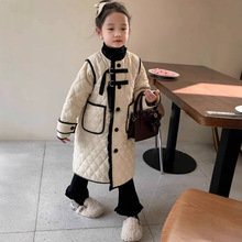 女童外套秋冬新款韩版宽松菱格夹棉中长款棉衣中小童一件代发
