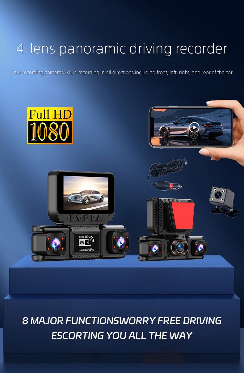 4-Lens Cross-Border Parking Monitoring Wifi Dash Cam with High-Definition Night Vision and 360-Degree Panoramic Reversing Image 3inch