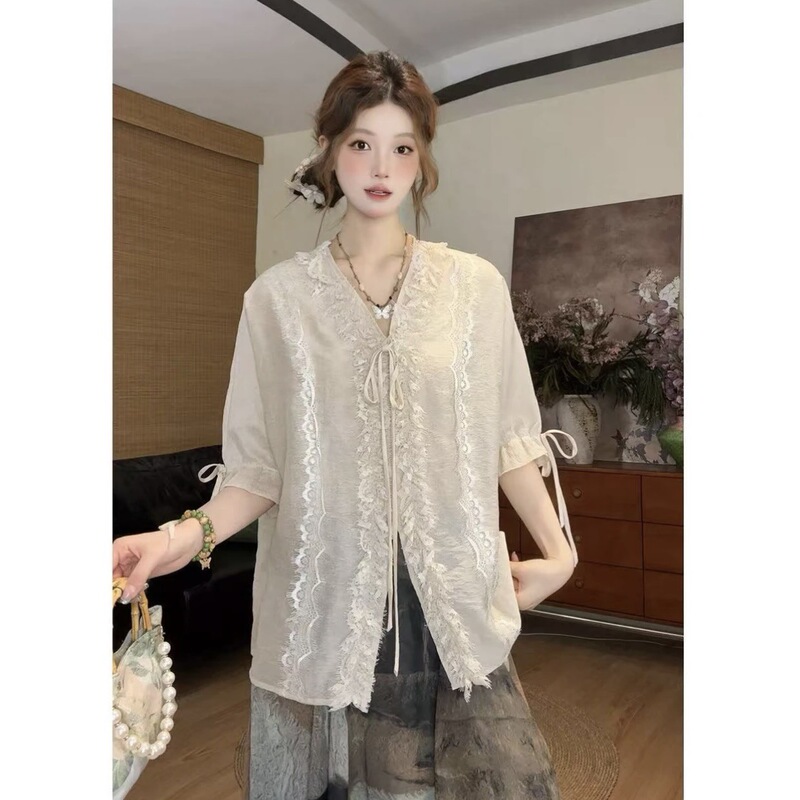 Round-Neck Top【Zhiyi】Summer Retro-Style Lace Elegant Versatile Design Jacquard Shirt 21458 Round-Neck Top【Zhiyi】Summer Retro-Style Lace Elegant Versatile Design Jacquard Shirt 21458
