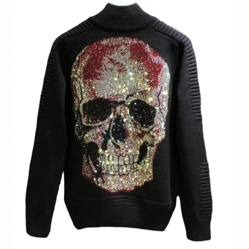 Philippe Planel trendy men's sweater with rhinestone skull design, stand-up collar, zipper, casual, thickened, warm PP knitwear for men Philippe Planel trendy men's sweater with rhinestone skull design, stand-up collar, zipper, casual, thickened, warm PP knitwear for men