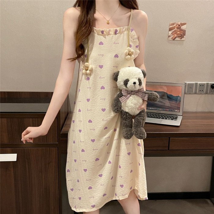 Pijama de mujer de verano dulce chaleco de cinturón de pecho tejido de algodón espuma tela arrugada pijama de mujer de verano vestido lindo