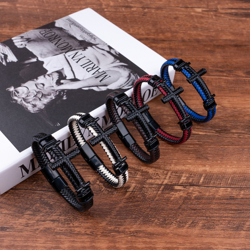 European and American Fashion Hot-Selling Magnetic Buckle Leather Black Alloy Cross Bracelet Jewelry Wholesale Handmade Bracelet