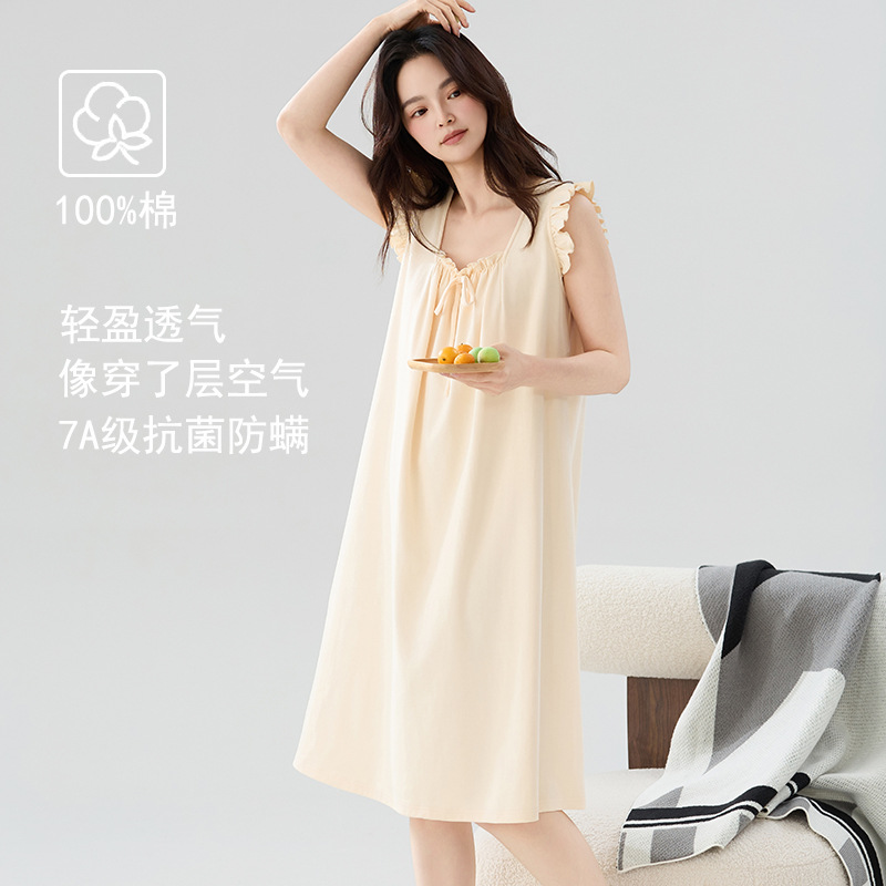 클래스 A 항균 민소매 조끼 잠옷 여성 여름 신작 순수 코튼 중간 길이 대형 사이즈 스커트 홈웨어 외부에 착용 가능
