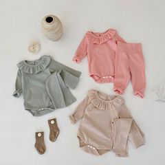 2023 Autumn Clothes for Infants, Toddlers and Girls Solid Color Home Clothes Fungus Collar Long Sleeve Harness + High Waist Pants Suit
