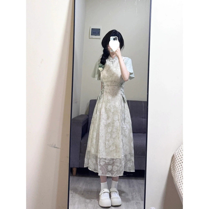 Классное женское платье в китайском стиле в стиле дзен с миниатюрным воротником-стойкой и ремешком на талии, женское летнее шикарное и красивое платье длиной до колена