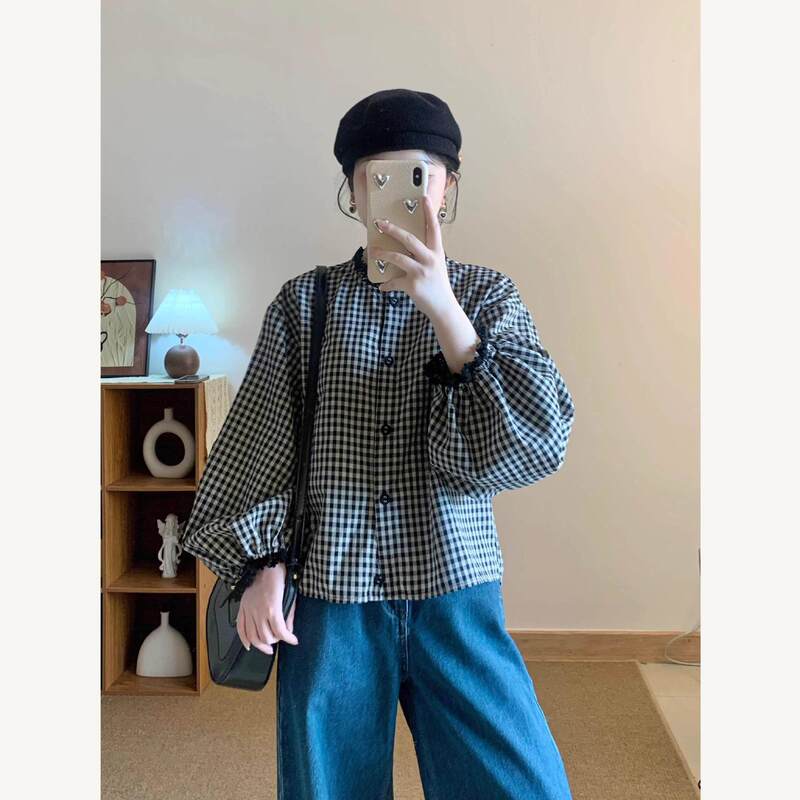 Japanese Retro Plaid Shirt for Women, New Spring and Autumn Casual Style for Plus-Size Girls, Unique and Chic with Lace Cuffs, Cardigan Shirt Japanese Retro Plaid Shirt for Women, New Spring and Autumn Casual Style for Plus-Size Girls, Unique and Chic with Lace Cuffs, Cardigan Shirt