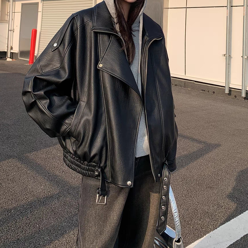 2025 New Spring & Fall Loose Pu Jacket Leather Jacket Women's Unique and Good-Looking Motorcycle Tops Popular This Year