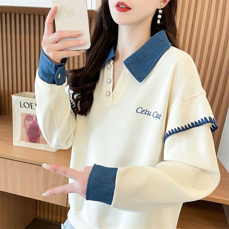 Early Spring Contrast Polo Shirt Sweater Women's Spring and Autumn 2025 New Loose Small Fake Two-piece Lapel Clothes