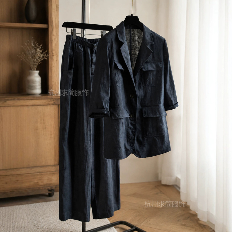 In-Stock Items for a Simple Look~Old Money Style~Th***Y New Summer Model~7/8 Sleeve Linen Straight-Leg Suit with Slightly Wide-Leg Pants for Women In-Stock Items for a Simple Look~Old Money Style~Th***Y New Summer Model~7/8 Sleeve Linen Straight-Leg Suit with Slightly Wide-Leg Pants for Women