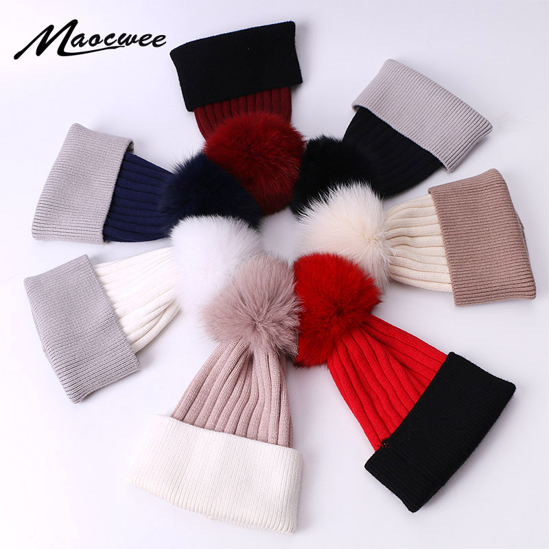 Chapeau chaud d'automne et d'hiver en forme de boule de renard, couleur unie, tricoté, pour adultes et enfants, mode parent-enfant_voghion.com