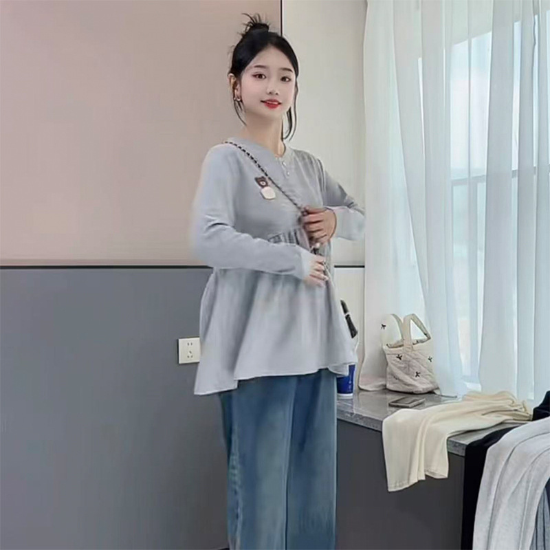Maternity Wear Korean Style Comfortable 2025 New Model Belly-Covering Pregnancy Autumn and Winter Long-Sleeve T-Shirt Doll Shirt Maternity Wear