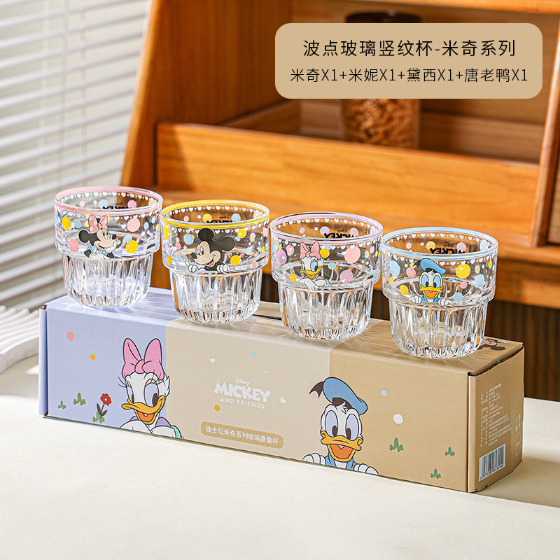 Nueva taza de vidrio de Disney, taza de agua de dibujos animados de lunares, taza de agua para el hogar femenina de alto valor, taza de agua para la oficina, pareja