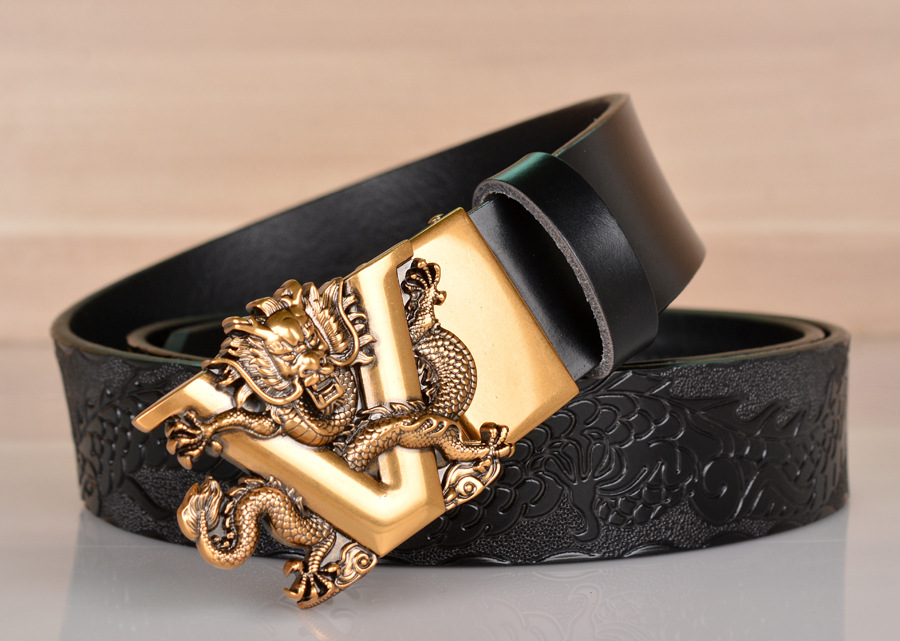 Genuine Leather Men Belt Designer Dragon V Buckle Cowboy Luxury