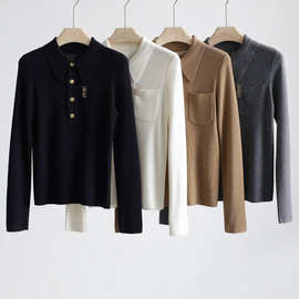 秋冬Y*S知性通勤装时髦翻领带胸针长袖针织衫半开胸套头上衣