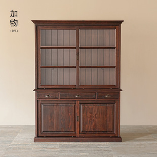 侘寂风复古棕上下节大展示柜日式古董复刻滑动移门高储物柜旧家具