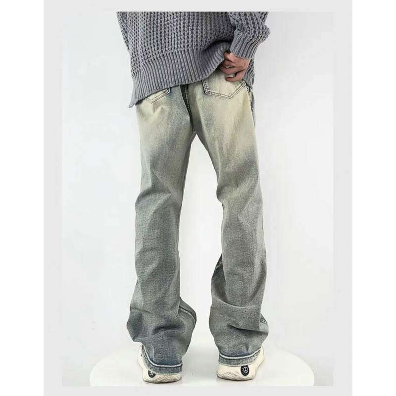 Jean droit délavé vintage avec évasement subtil – Pantalon en denim extensible (taille basse, détails peints à la main, tenue décontractée printanière, tailles M à 4XL)_voghion.com