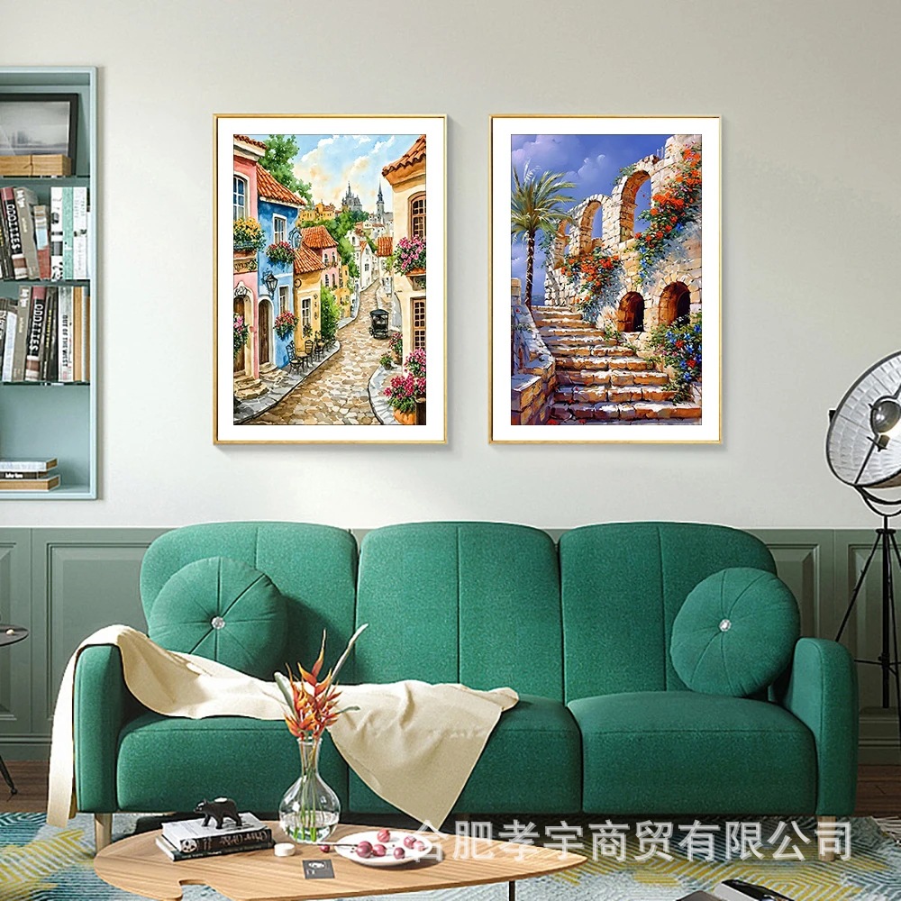 Venta caliente transfronteriza dibujos animados ciudad de bricolaje casa paisaje lleno de diamantes sala de estar dormitorio decoración pegatinas fabricante de pintura de diamantes