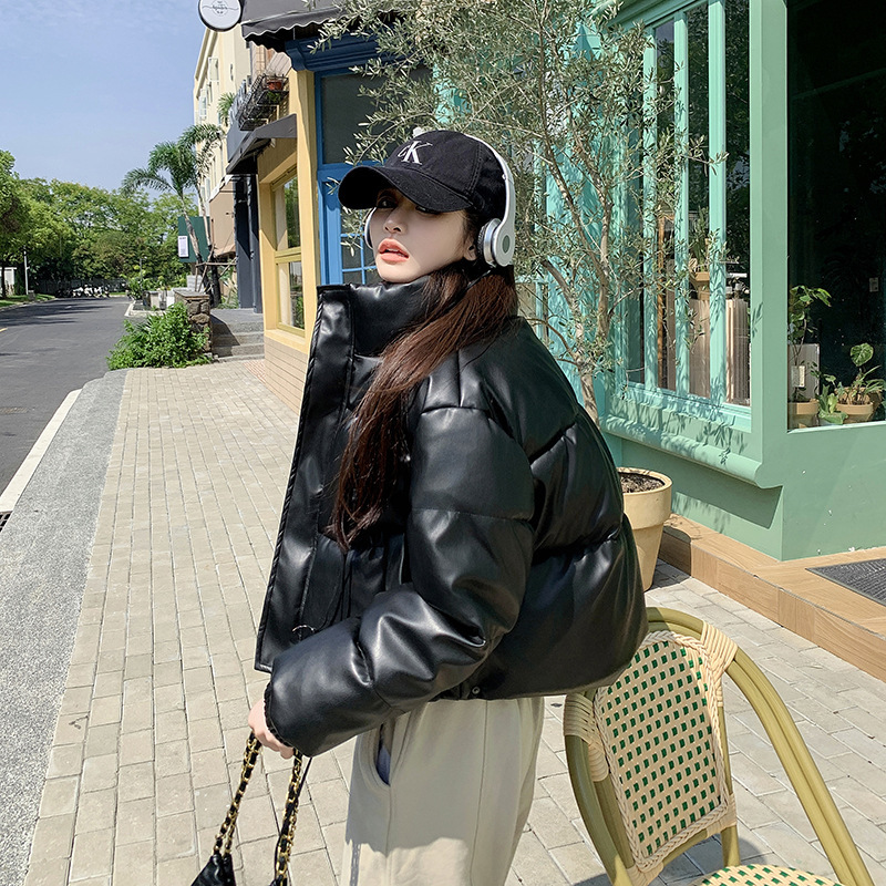 中欧美新短款2024小个子立领羽绒棉服女PU皮加厚棉袄棉衣外套潮流|undefined