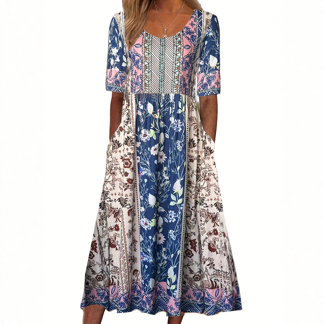 Summer Women's Fashion Crew Neck Short Sleeve Long Skirt Bohemian Dress Women_ecoleips.com